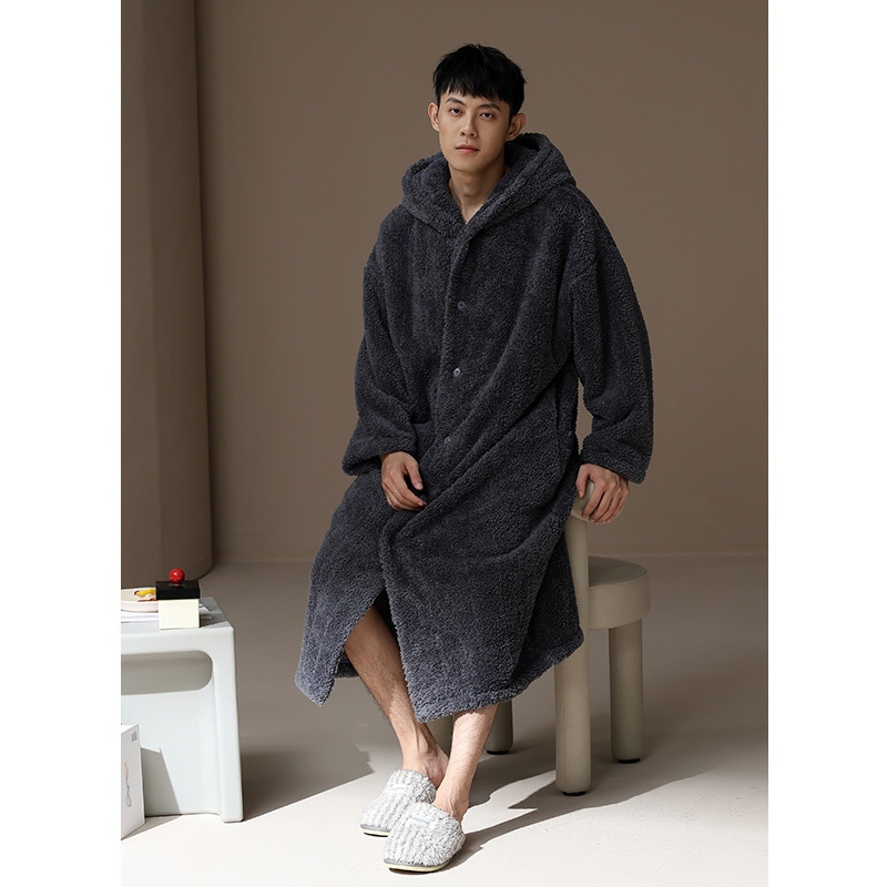 [Thickened and Fleece-Lined] Men's Robe for Autumn and Winter, Coral Fleece, Warm, Long Hooded Pajamas, Bathrobe, Plush Loungewear