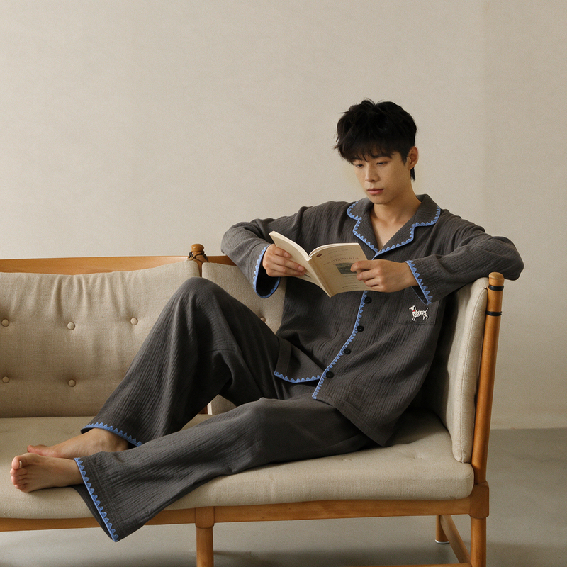 [Baby Cotton] Men's Pajamas Spring and Autumn Pure Cotton Long-Sleeved Long Pants Casual Cardigan Set Youth Home Wear