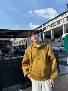 Hope Shop Korean Style Autumn and Winter Loose Long-Sleeved Knitted Patchwork Hooded Sweatshirt for Men, Versatile Thick Pullover Top
