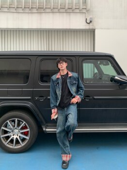 Hope Shop Retro Washed Color-Blocked Denim Jacket + Loose Straight-Leg Wide-Leg Floor-Length Jeans Set for Men