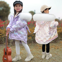 Girls 90 down jacket medium length thick white duck down winter foreign children bright face disposable winter coat