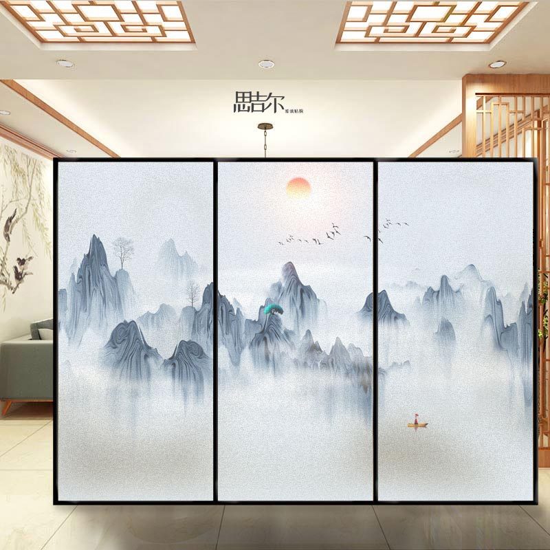 Zen Imagery Abstract Landscape Frosted Electrostatic No Glue Glass Cling Film Tea Fo Culture Anti-Light Transmission Windows Shift stickers-Taobao
