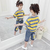 Girl Sports Suit 2022 Summer Dress New Children Dress CUHK Child Foreign Air Loving Striped Jeans Two Sets