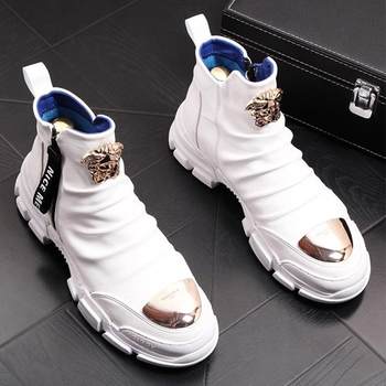 Warm and trendy men's martin boots, men's british style high-top shoes, versatile and fashionable white boots, thick sole mid-calf men's cowboy boots