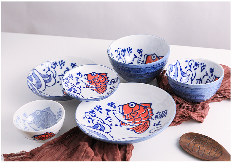 The fawn field'm Japanese imports of ceramic tableware bream fish globefish cartoon express it in Japanese suit four dishes suit