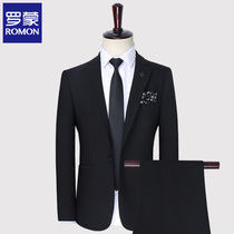 Romon suit suit mens business spring professional formal Korean version slim mens suit black three-piece suit