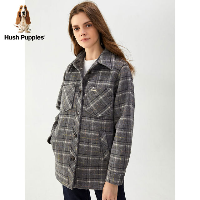 HushPuppies Women's Autumn Loose Shirt Collar Plaid Woolen Jacket HY-22501D
