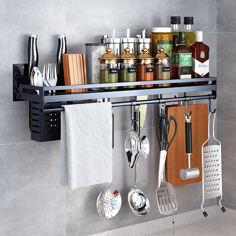 Black stainless steel kitchen shelf Wall-mounted wall-free perforated seasoning storage knife holder Household space-saving