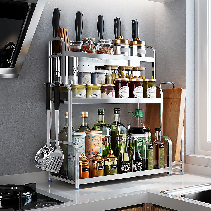 304 stainless steel kitchen shelve with ground floor multilayer seasonings rack storage wall-mounted supplies to contain the tool holder