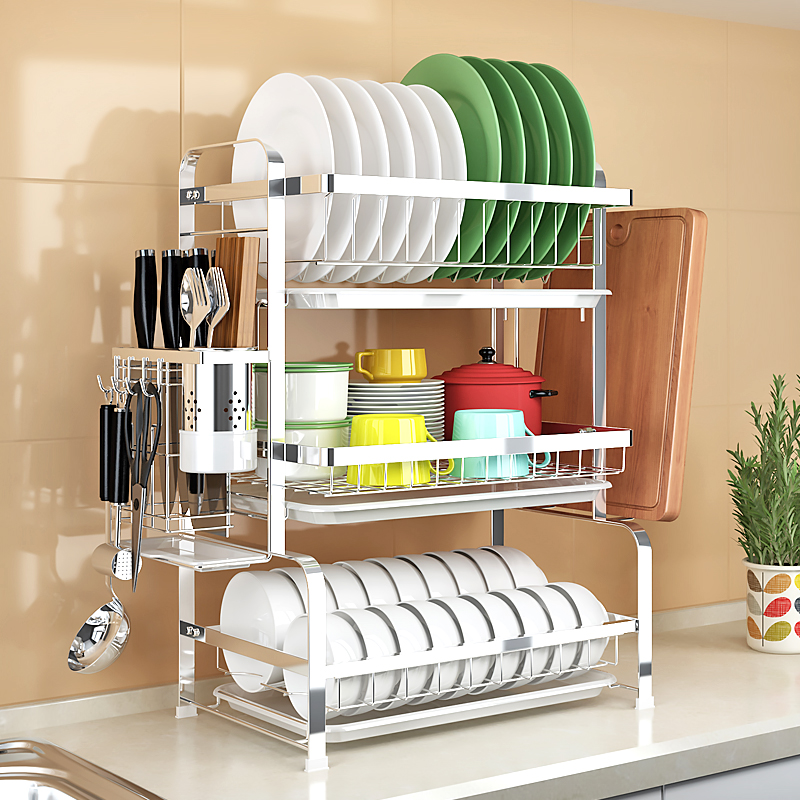 304 Stainless Steel Bowl Rack Drain rack Airing Bowls and chopsticks Dishes Plates Drain Bowl Tray Cabinet Containing Box Kitchen Shelve 3 Floors