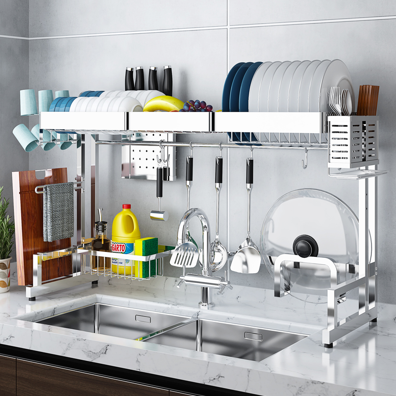 304 Stainless Steel Sink Bowl Rack Drain Rack Kitchen Shelving rack Bowl Rack Pool With Bowls and Chopstick Containing layer shelf