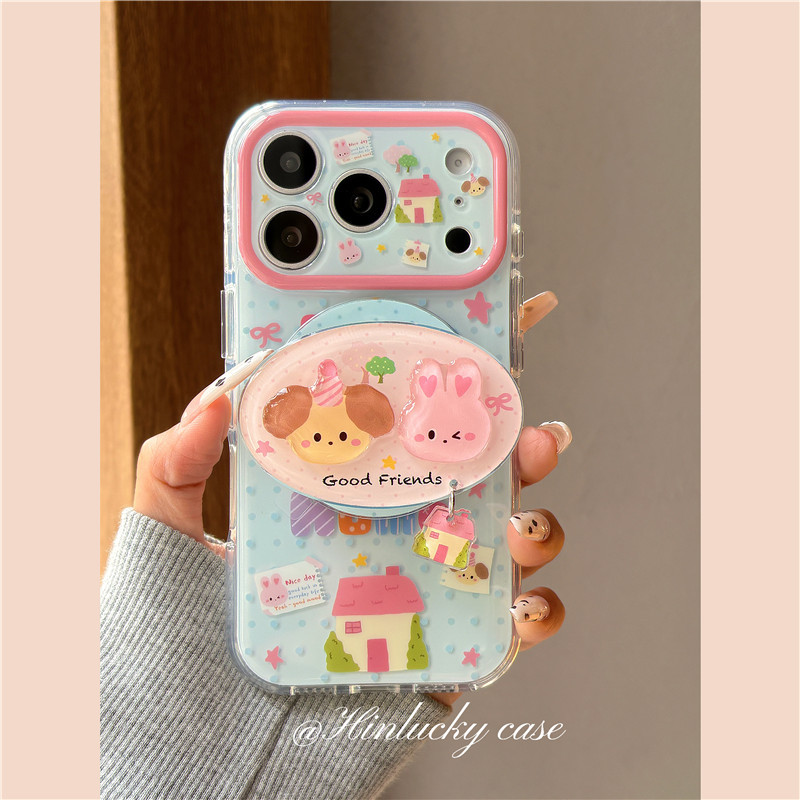 Hinlucky Cartoon Polka Dot Dog and Rabbit Illustration Magnetic Stand Suitable for Apple iPhone 17 Pro Max New Model 16P Phone Case 15 Pro Anti-Drop 14 Protective Cover Cute Full Coverage for Women
