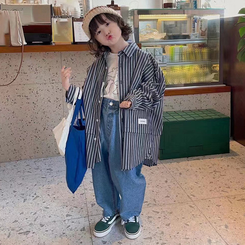 Korean children's clothing boys' and women's long-sleeved shirt 2022 spring style children's middle school children's loose personality fake two-piece shirt jacket