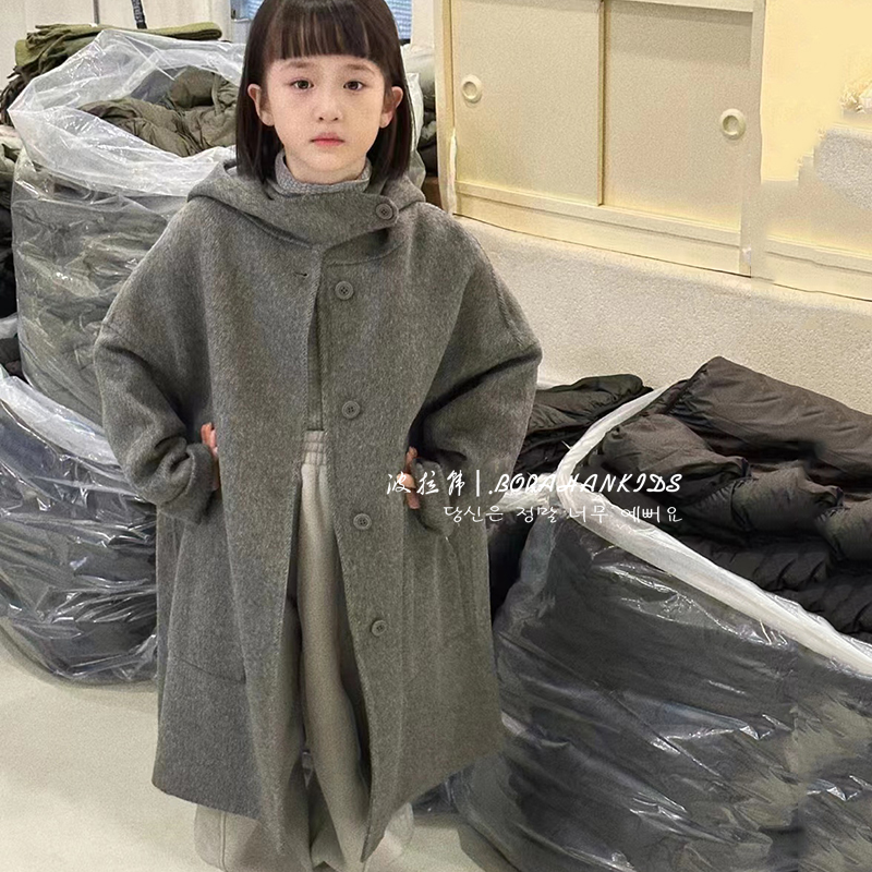 Pola South Korean boy clothes girl with long cashmere big coat 2023 Winter child bifacial even hat jacket-Taobao