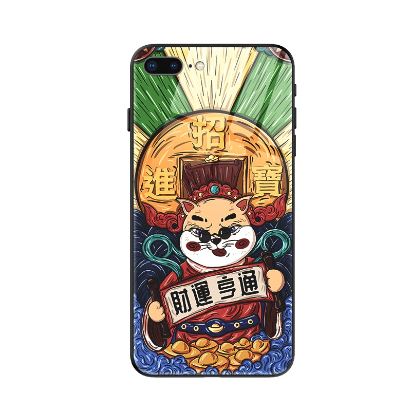 iphone7plus手机壳玻璃壳国潮招财苹果6 iPhone8手机套全包中国风男女情侣iPhone手机保护壳个性图案定制防摔