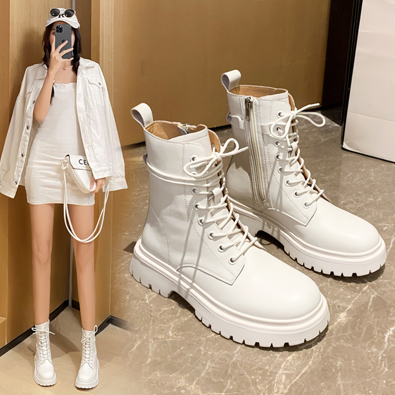 Genuine Leather Martin Boots for Women, 2026 Spring New Style, White Popular Short Boots, British Style Thick-Soled Boots, Summer Thin Style