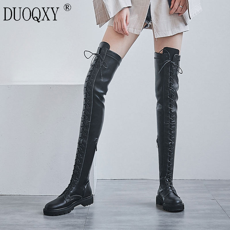 Over the knee boots women's round toe British style thigh boots lace up super long boots mid heel lace Martin boots thick heel elastic boots