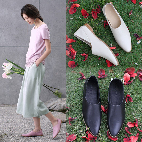 Pointed toe flat shoes leather literary women's shoes two wear small leather shoes women's deep mouth single shoes step on the heels loafers comfortable