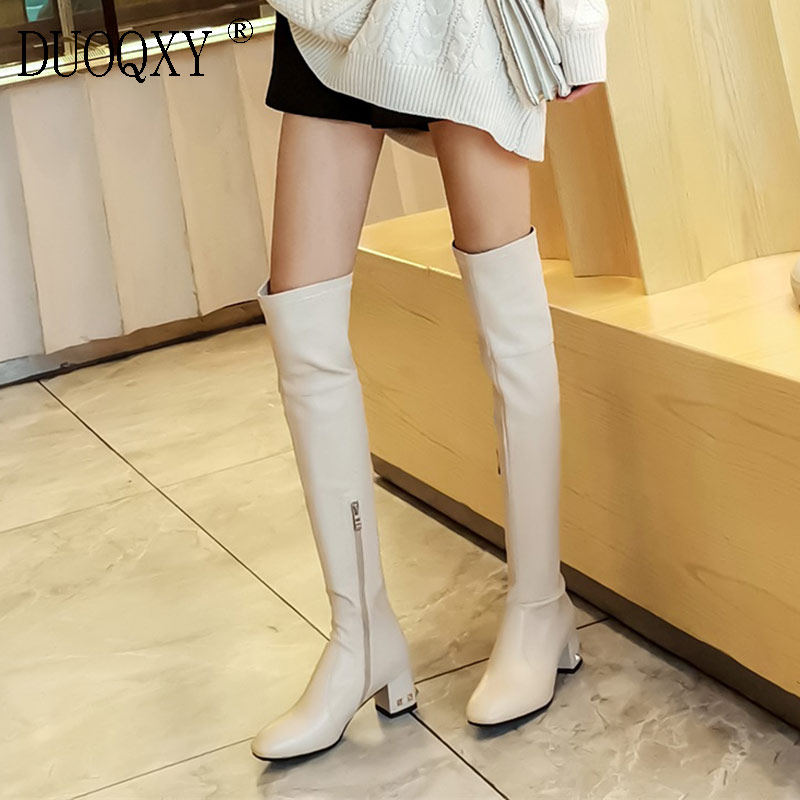 Slim stretch over the knee boots women's leather thick heel mid-heel white boots square toe zipper riding boots rivet thigh boots