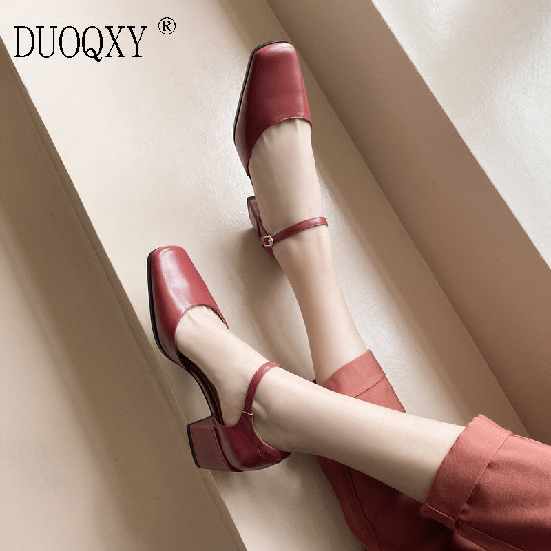 Square toe hollow single shoes women's leather thick heel medium heel retro Mary Jane toe sandals red word buckle high heels