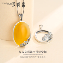 S925 pure silver pendant empty tote silver style retro style Oval Pendant with inlaid honey wax item pendant