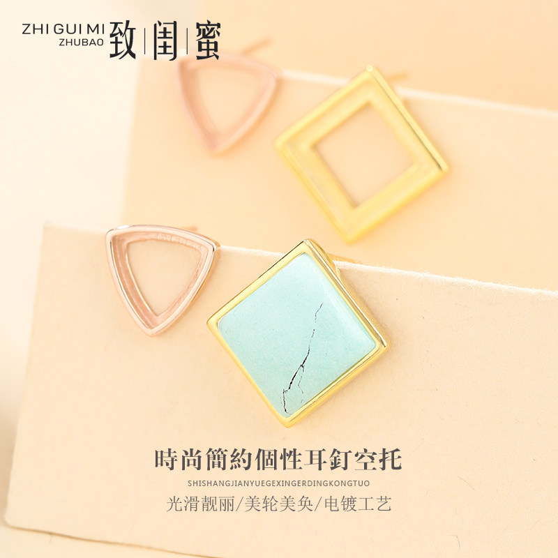 S925 Pure Silver Ear pin hollow Prismatic Triangle geometric ear decorated silver Digy Honey Wax Emerald Jade Earthy