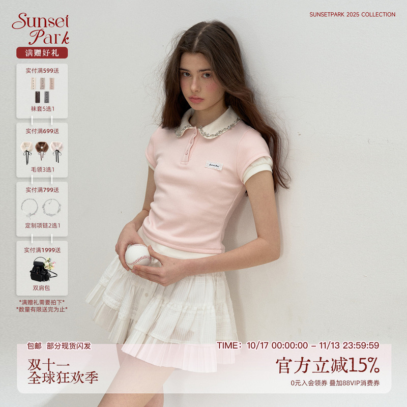 Sunsetpark Sunset Park Pink-Blue-Gray Patchwork Fake Two-Piece Polo Rhinestone Collar Short-Sleeve Stretch T-Shirt Top