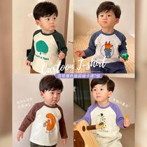 Cotton childrens T-shirt spring and autumn new color matching cartoon printing round neck long-sleeved top men and women baby bottoming shirt