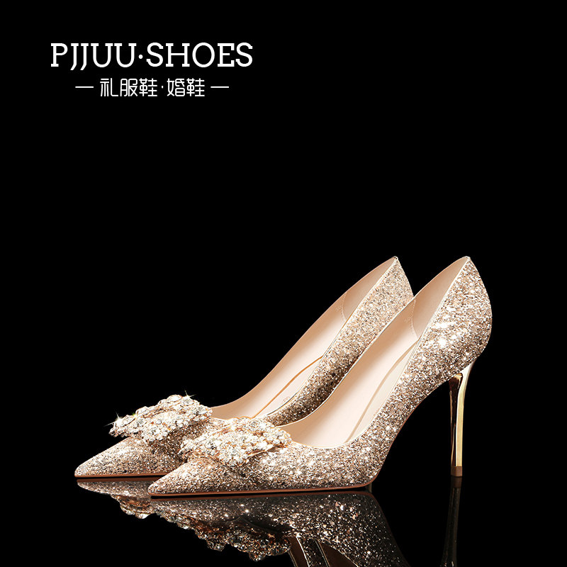 pjjuu water crystal shoes bridal main wedding dresses single shoe woman fine heel 2022 new high heels golden show and wedding shoes