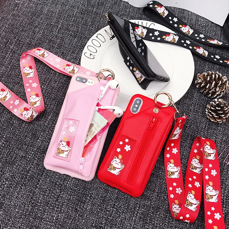 Lucky Cat Purse 8p Mobile Shell Apple 6s Mobile Shell iphone7plus Silicone Leather Case Dây buộc xsmax - Túi điện thoại