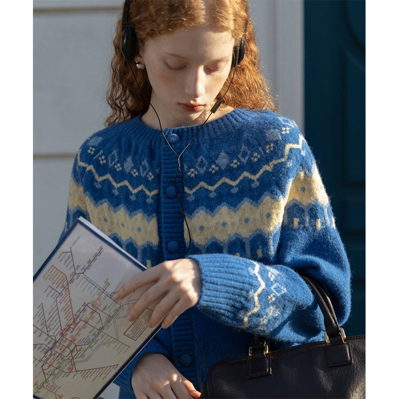 Klein Blue Fair Isle Sweater Coat for Women, Spring and Autumn French-Style Lazy Knit Cardigan, Chic Outerwear, Thick Top