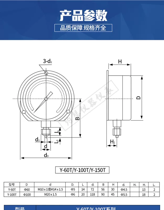 Đồng hồ đo áp suất Relda đai xuyên tâm phía sau Y-100T60T biển 0-1/1.6/2.5Mpa khí nước đo áp suất dầu