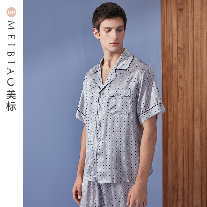 American Standard Spring and Summer Men's Short-Sleeved Silk Pajamas Set 19mm Heavyweight Mulberry Silk Spray-Painted Casual Home Wear