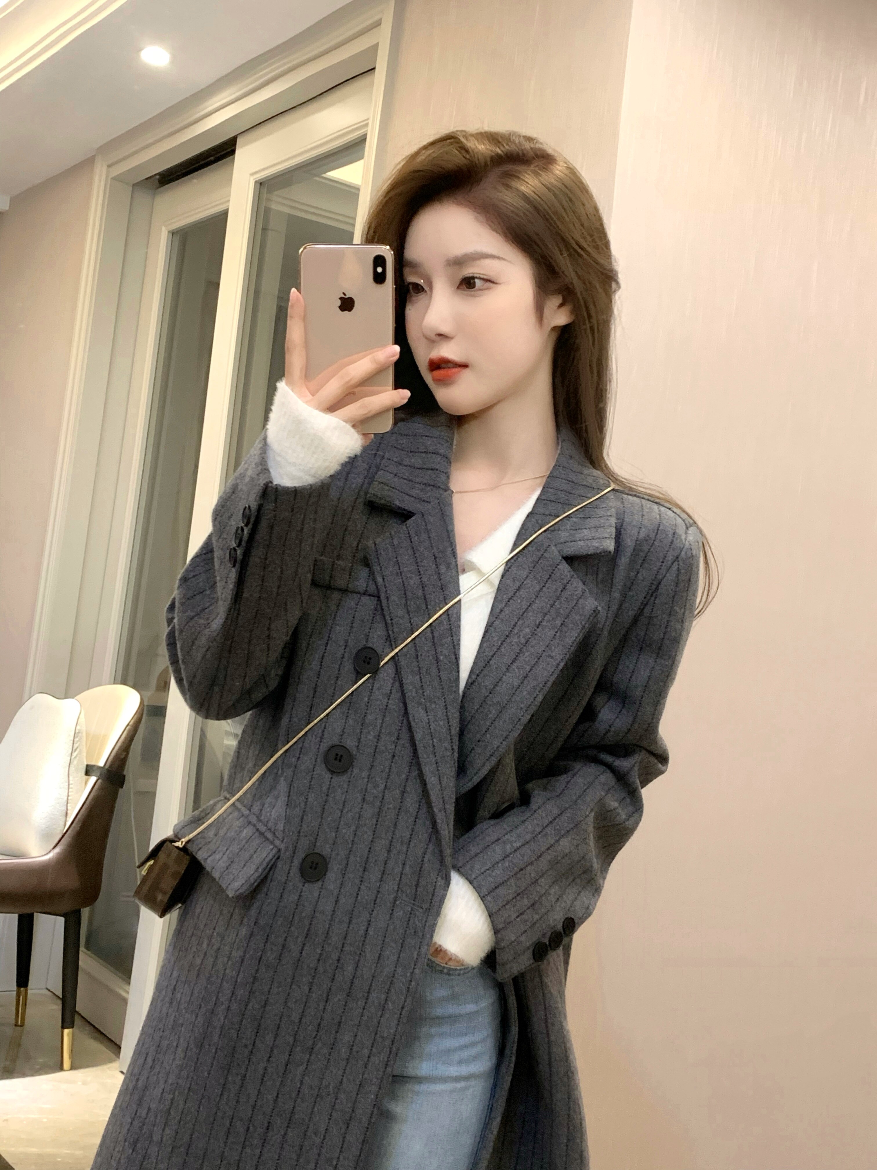 JustQin Korean Oni suit coat autumn and winter new fine check pattern mid-length woolen coat women's fashion