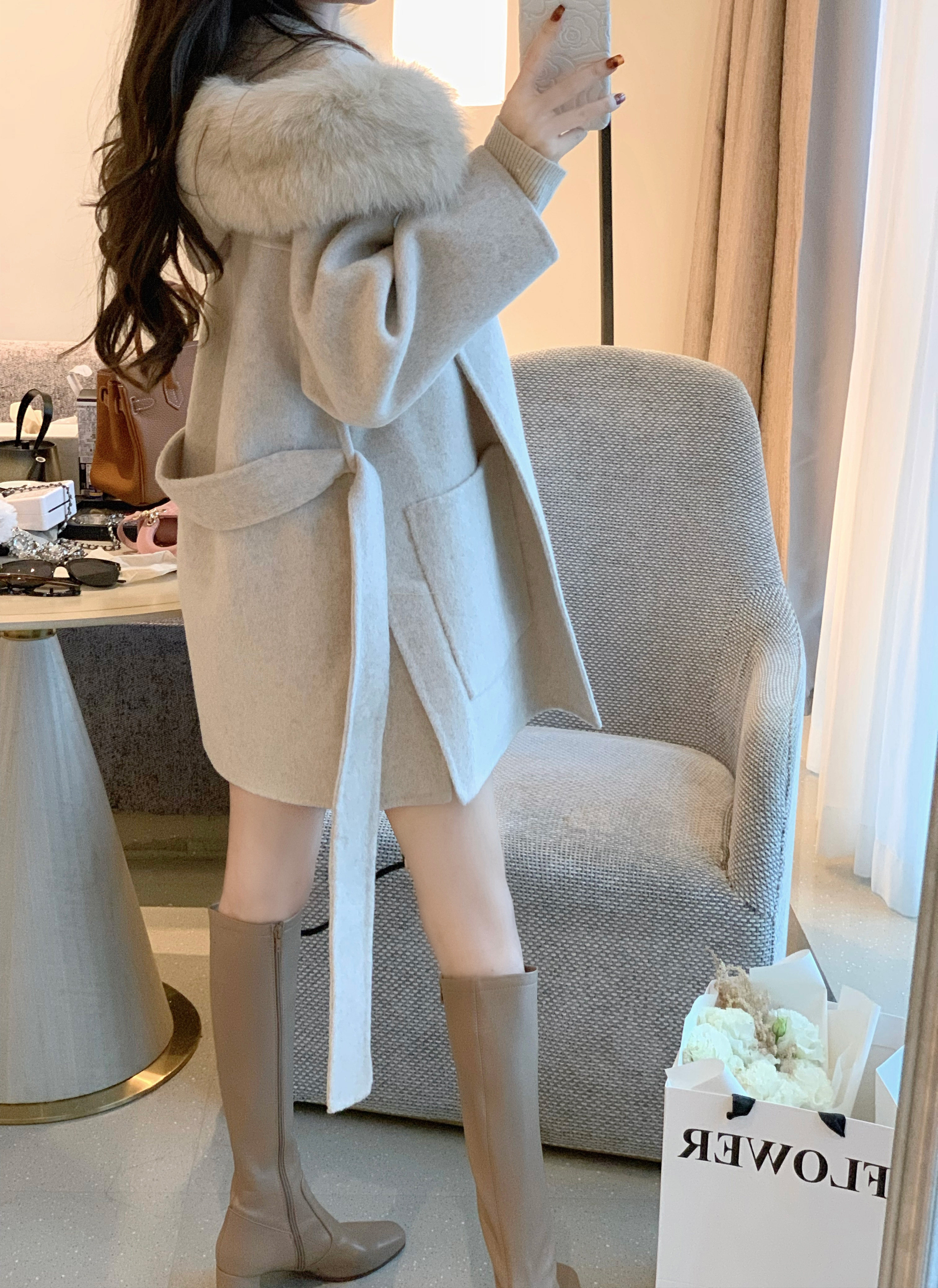JustQin Iceland Elf Fox Fur Big Fur Collar Coat 2021 Autumn Winter Mid-Long Wool Double-sided Wool Coat