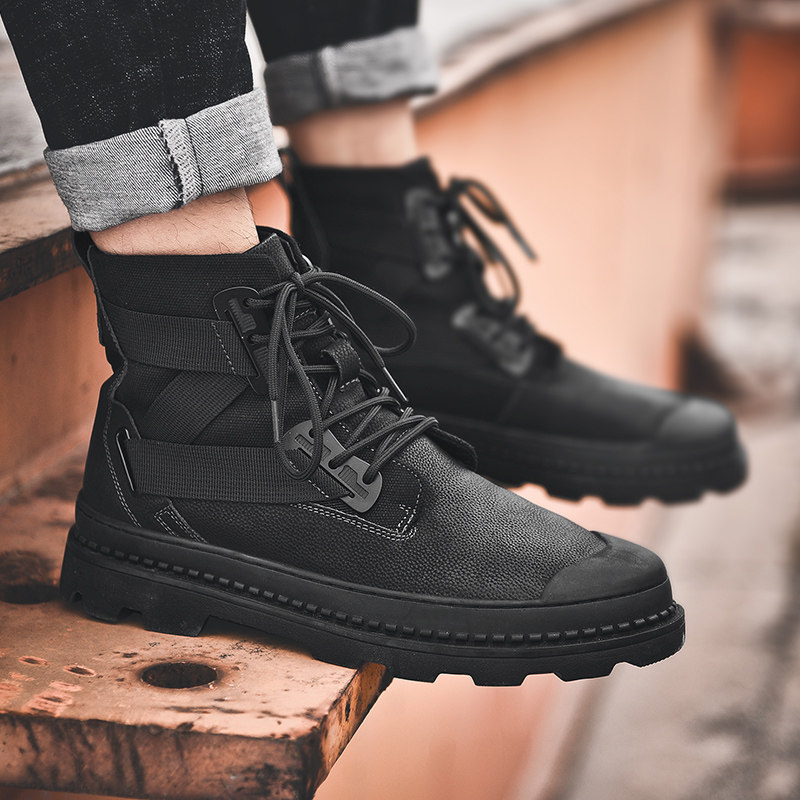 Black Martin boots men's leather high tube large size men's shoes 46 British style 47 winter plus velvet warm men's tooling boots