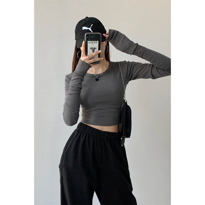 European and American 2022 spring and autumn long sleeves T-shirt woman short fit pure color inner lap coat with high waist dew and small crowdblouse