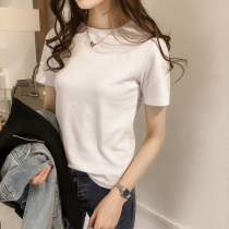 2021 summer new cotton T-shirt womens short-sleeved slim slim wild solid color casual inner tie base shirt top