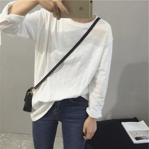 2022 Spring autumn new pure cotton long sleeve T-shirt female Han version loose with medium length 100 hitch-hitch bottom-shirt blouse