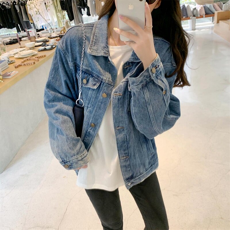 2022 spring autumn new denim jacket woman short section Korean version bf loose retro 100 lap jacket blouse surge