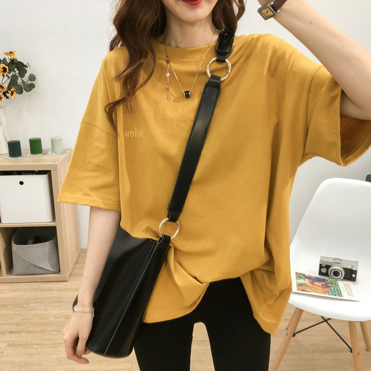 2021 summer new t-shirt women's short-sleeved middle-length loose Korean version of thin pure cotton wild-match bottom top