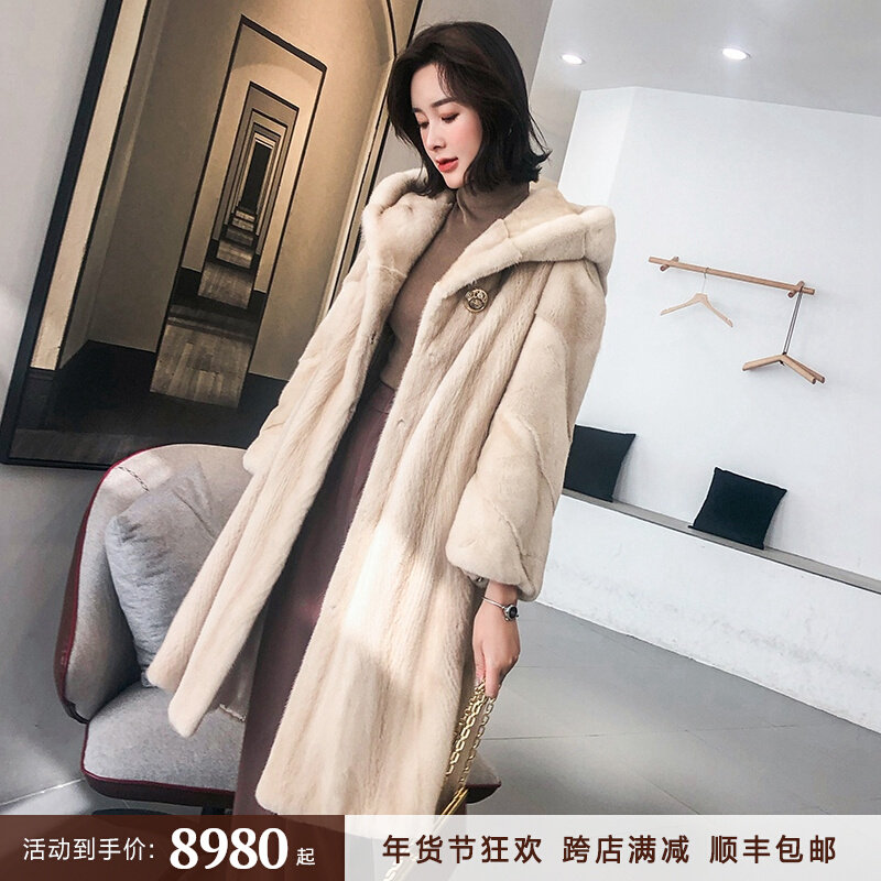 2021 whole Marten hooded mink coat women velvet furs fashion loose Mank fur coat long version