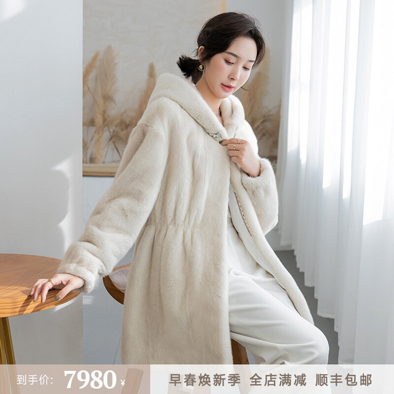 women's mid length mink hooded coat slim fashionable young 2021 imported velvet mink fur