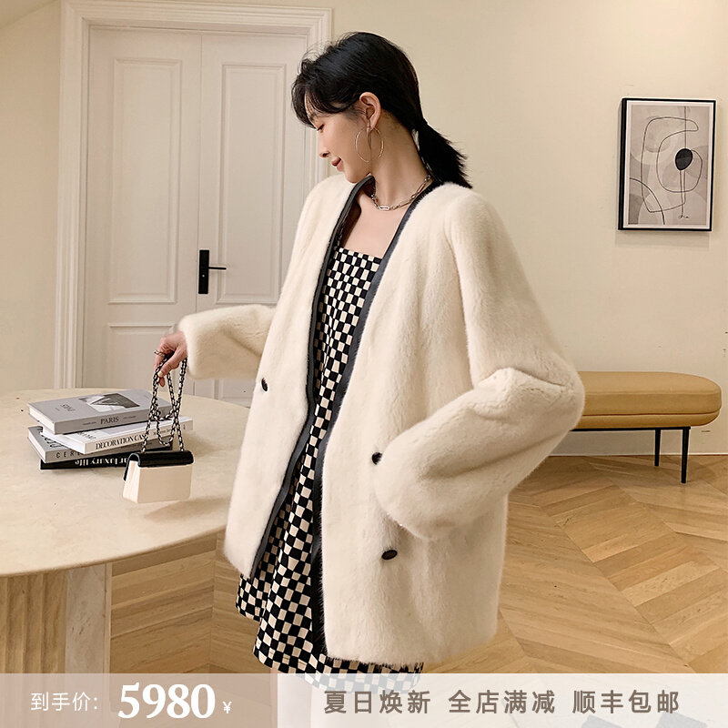 Imported whole mink velvet medium long version V collar minke leather big coat woman young fashion ferret fur fur coat 2021 new