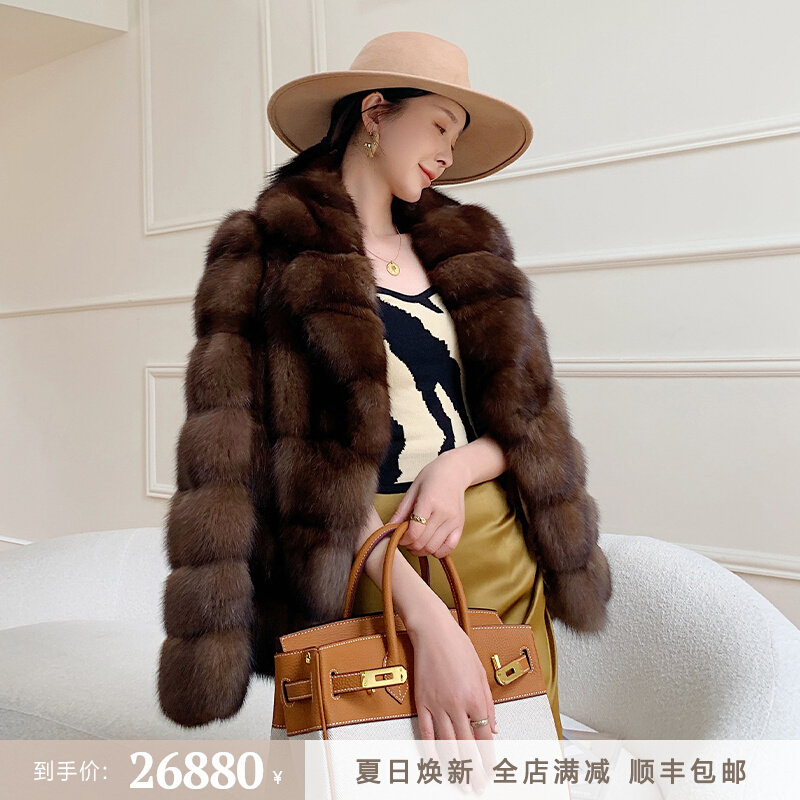 Russia Imported Full of Star Purple Mink Fur Coats Short of Horizontal Rows Suit Collar Mink Fur Coats Women 2021 New