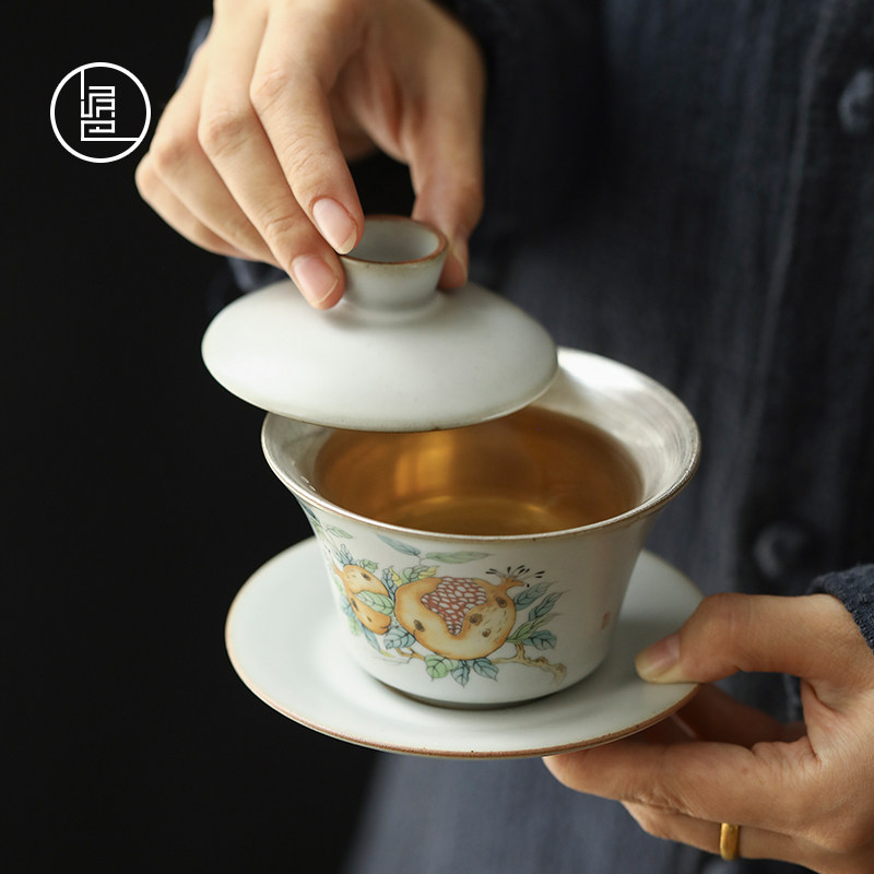 Clay Pai People's Three Talents Cover Bowl Ru Kiln Open Sheet Handmade Pure Silver Ceramic Teapot Tea Cup Single Big Number Korn Tea Furniture-Taobao