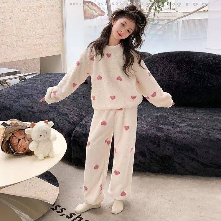 Flannel New Long-Sleeved Long Pants Pajamas for Children Girls Cartoon Autumn and Winter Girls Coral Thickened Home Wear Set