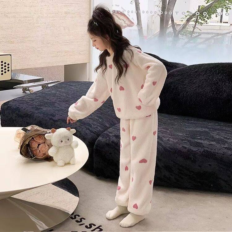 Flannel New Long-Sleeved Long Pants Pajamas for Children Girls Cartoon Autumn and Winter Girls Coral Thickened Home Wear Set