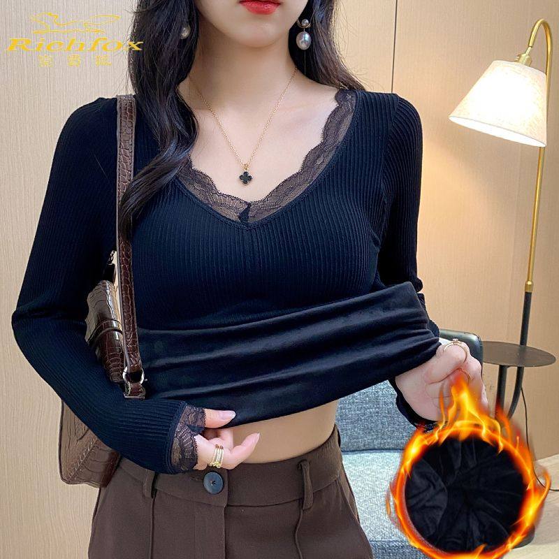 Fuguihu Women's Winter Thermal Top with Fleece Lining, Thickened with Chest Pads, V-Neck Undershirt, Slim Fit Long Sleeve Base Layer