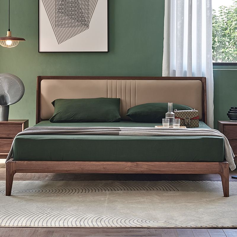 Puyou Mushe black walnut solid wood bed Nordic 18 meters modern minimalist Italian leather double bed soft bed
